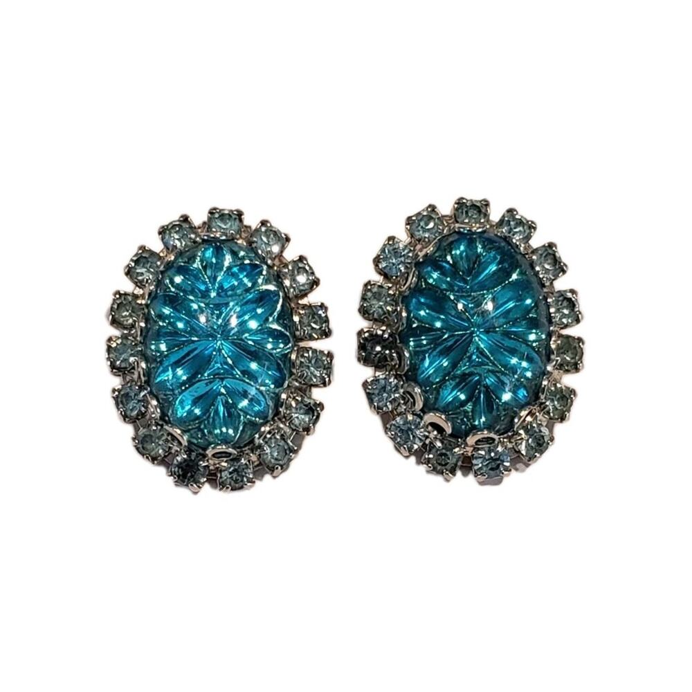 Vintage Earrings Big Molded Glass Cabochon & Rhinestone Judy Lee 1950s Sparkle - Picture 2 of 8